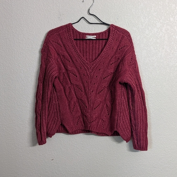 Anthropologie Ramona Cable-Knit Pullover Sweater Berry Alpaca Blend V-Neck XS - Picture 2 of 10